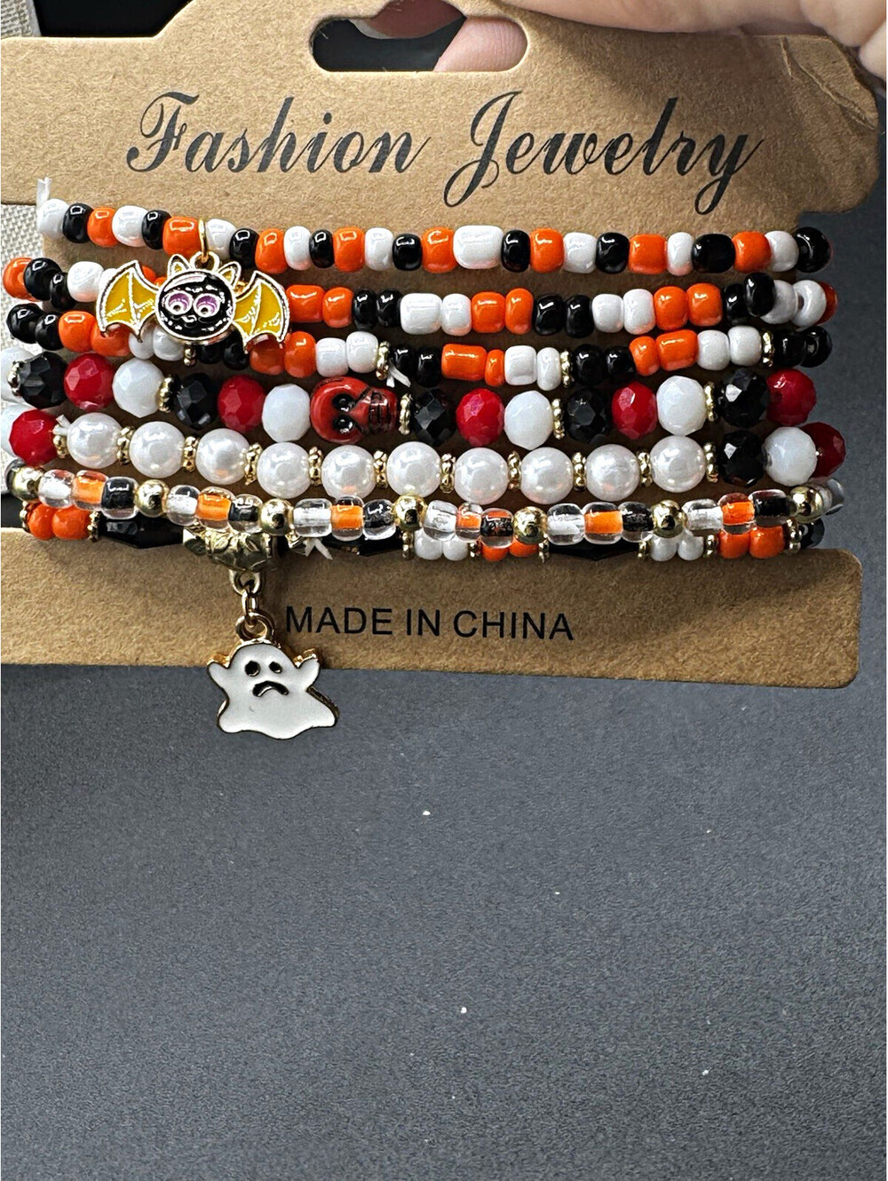 Halloween 7 Bracelet Stack Bat Ghost Charms Orange Black White Beaded NWT